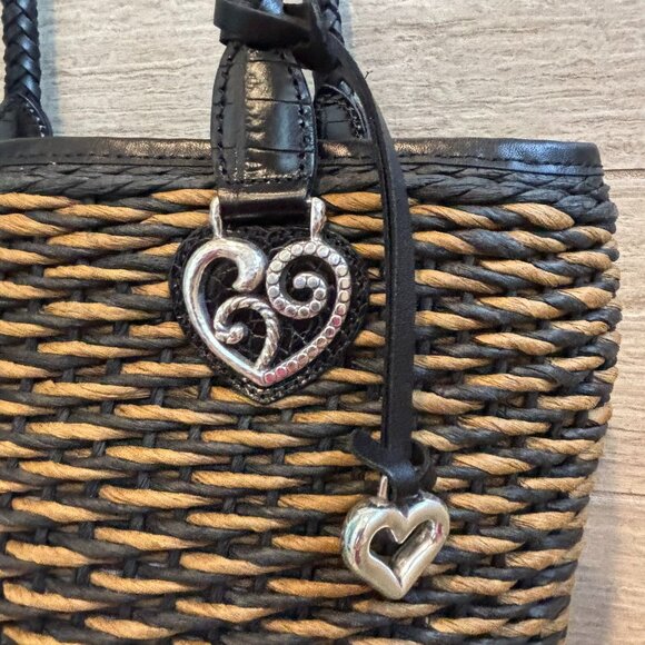 👜Brighton Woven Shoulder Bag Braided Leather Handles Black Tan Bucket - Picture 8 of 10